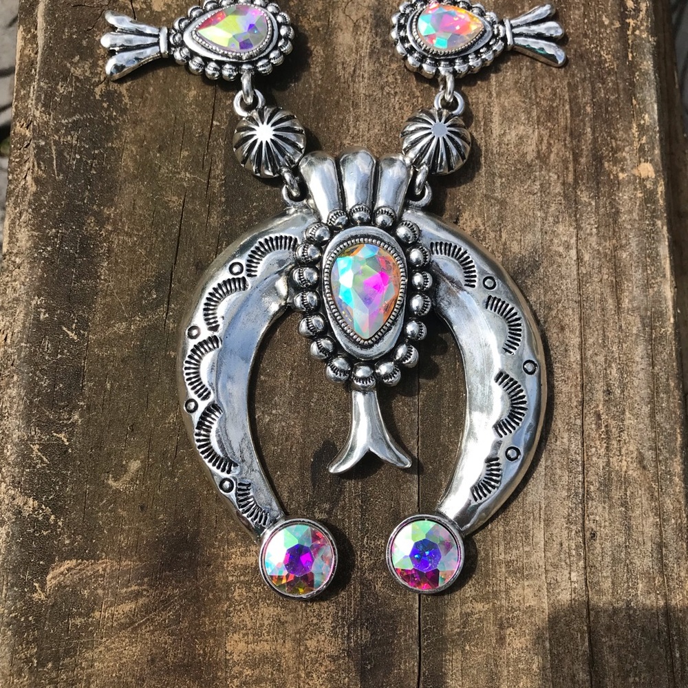 Bohemian Western Cowboy Horseshoe Squash Blossom Silver Rhinestone Necklace